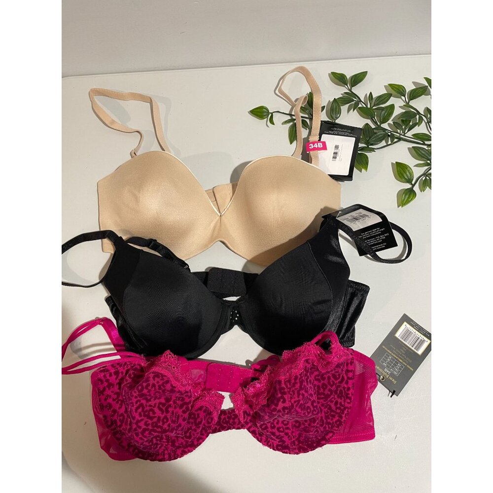 Set Of 3 Womens 34B Padded Bras Beige Black Pink Leopard Lace Adjustable Straps